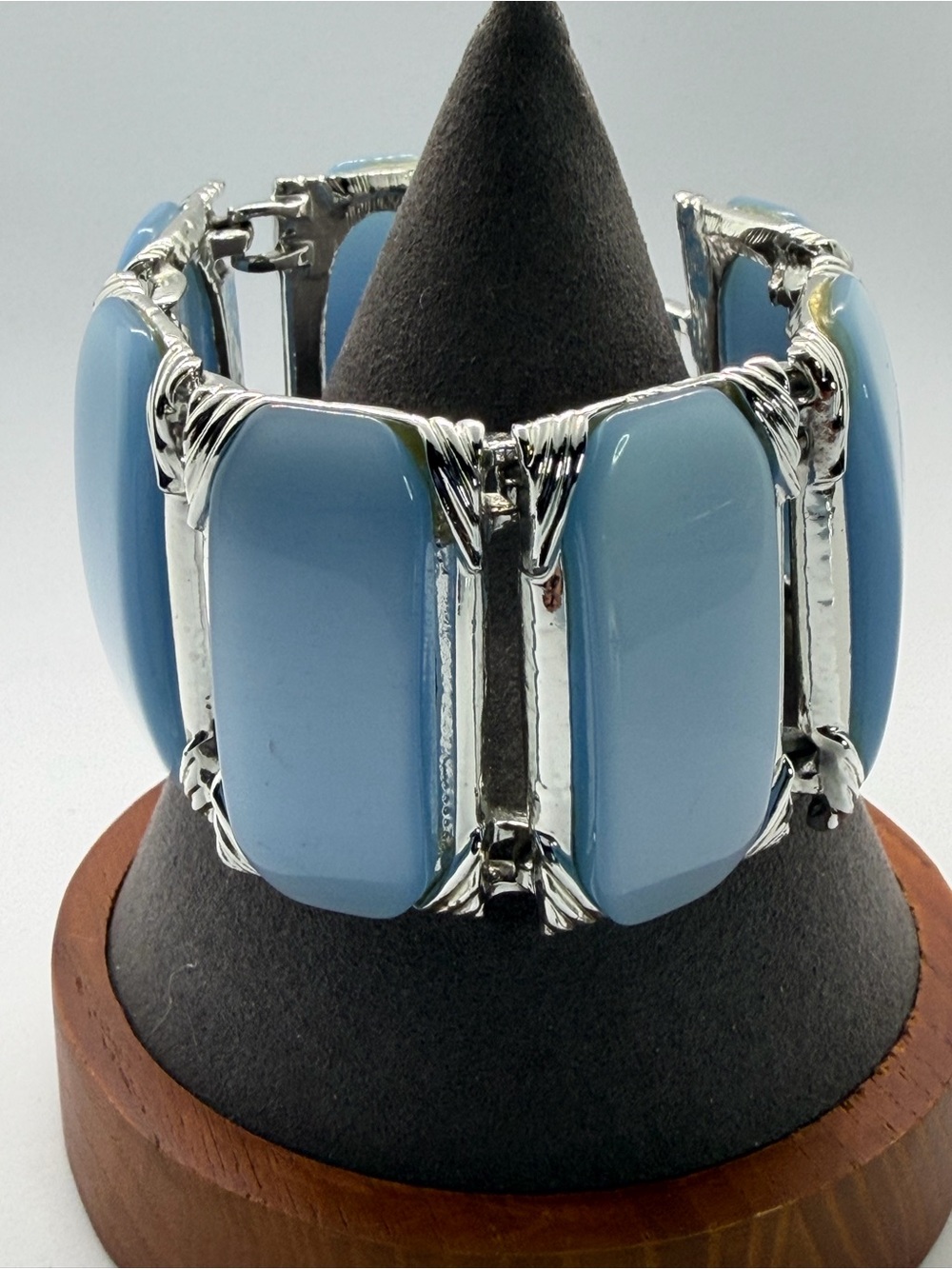 Vintage Blue Thermoset Panel Bracelet Silver Tone Mid Century